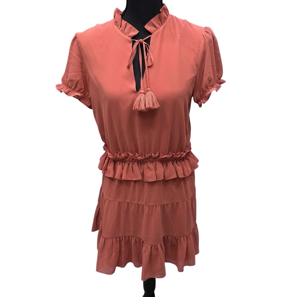 Tularosa Womens Size Small Colleen‎ Mini Dress Ruffled Coral Chiffon Tassel Neck